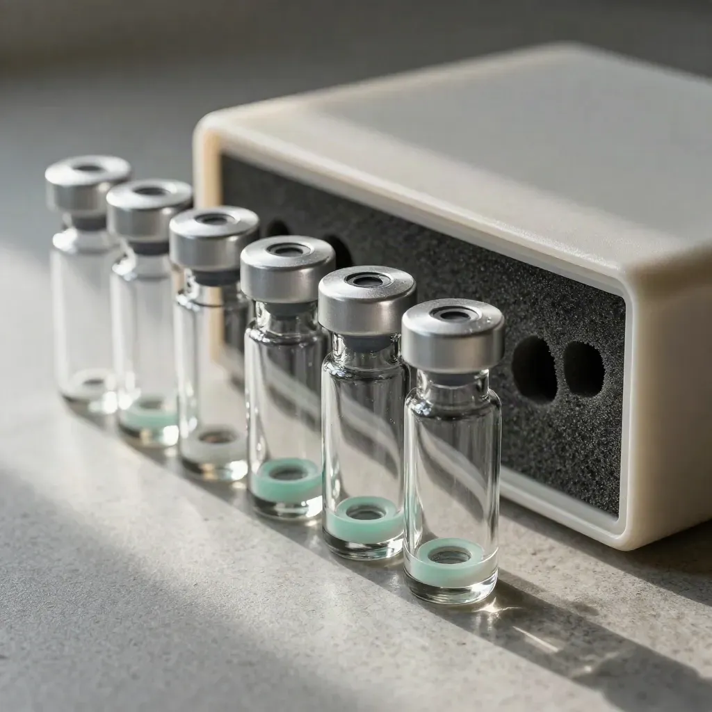 Glass vials, wafer case and foam inserts on pale stone with soft lab light.