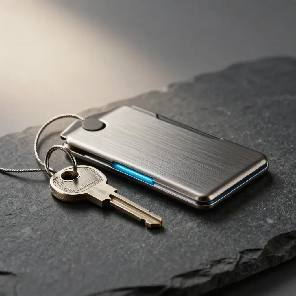 Brushed-metal card holder, sealed access key and ledger weight on graphite under cool raking light.