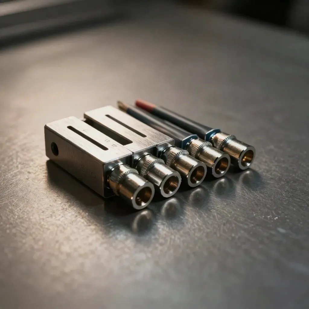 Industrial ferrules, terminal block and stripped wire on brushed aluminium under hard studio light