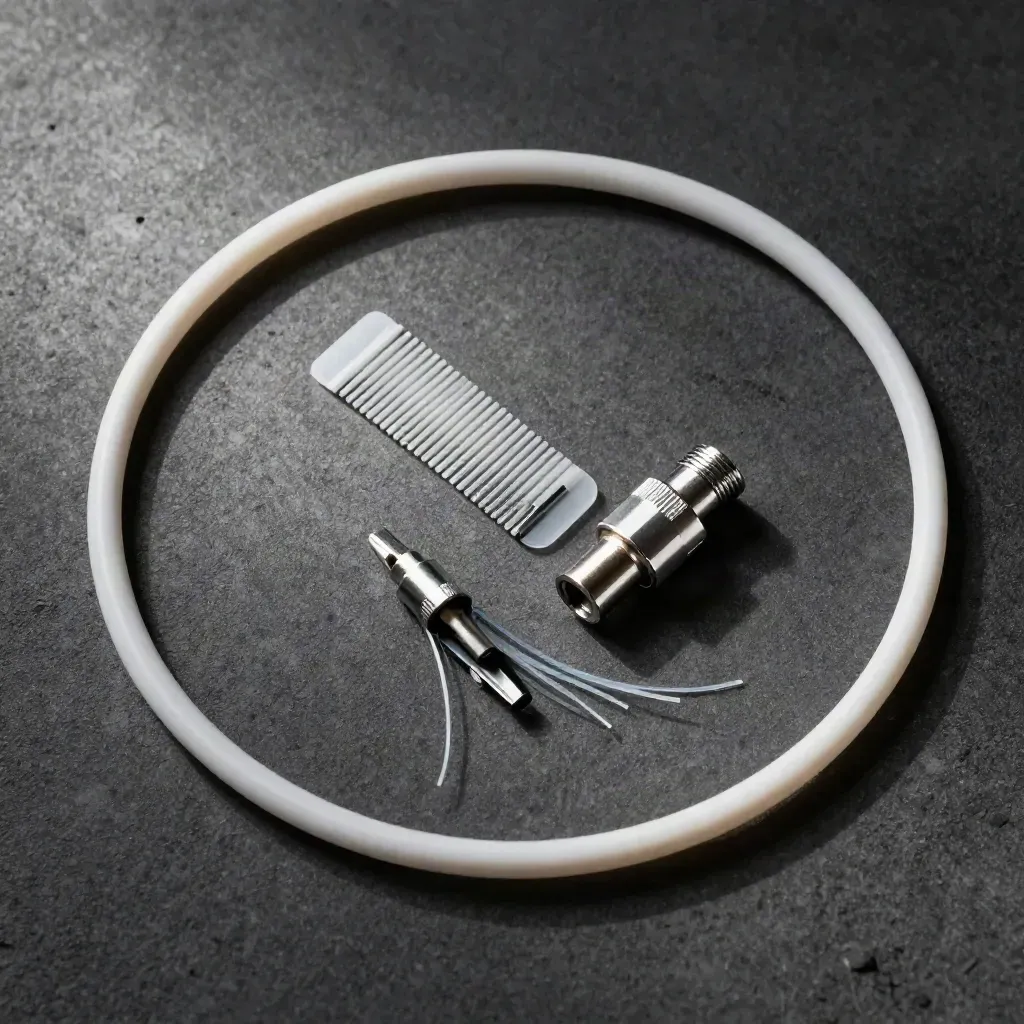 Fiber optic loop, cable comb and ferrule on matte black concrete in soft daylight.