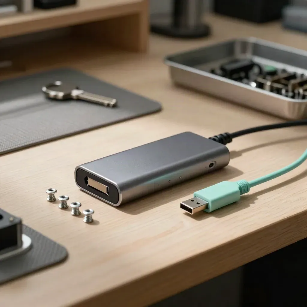 Anodized USB hub shell, screws and mint charging lead on pale wood in dramatic studio light