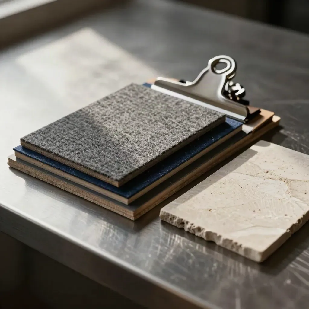 Acoustic panel samples, steel clips and stone offcut on brushed steel with soft shadows.