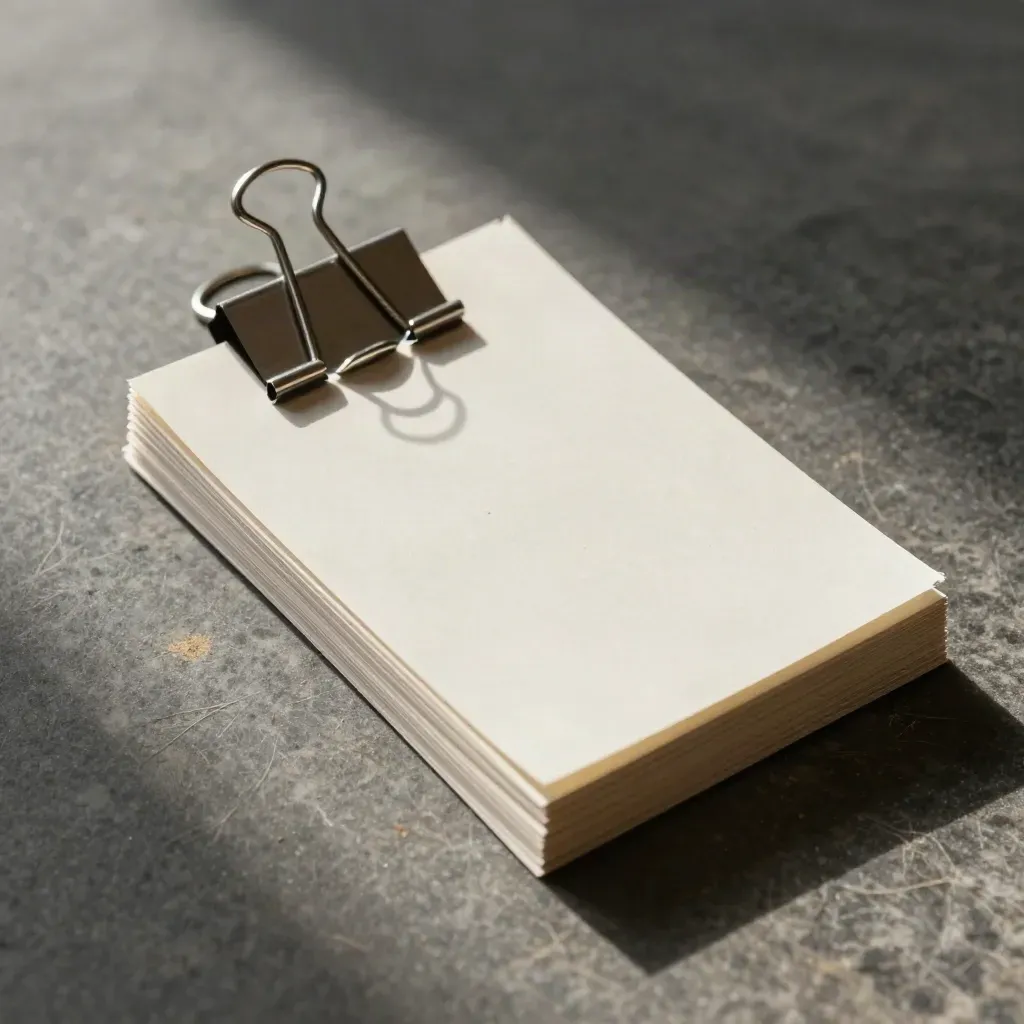 Top-down macro of clipped blank shortlist cards on cool stone with paper dust