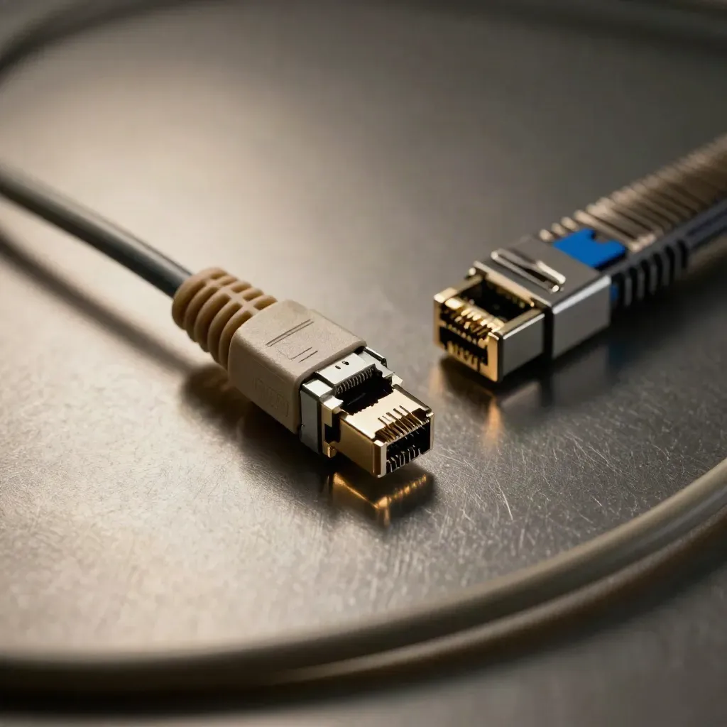 Macro of RJ45 plugs, short patch cable, and metal cable comb on brushed metal.