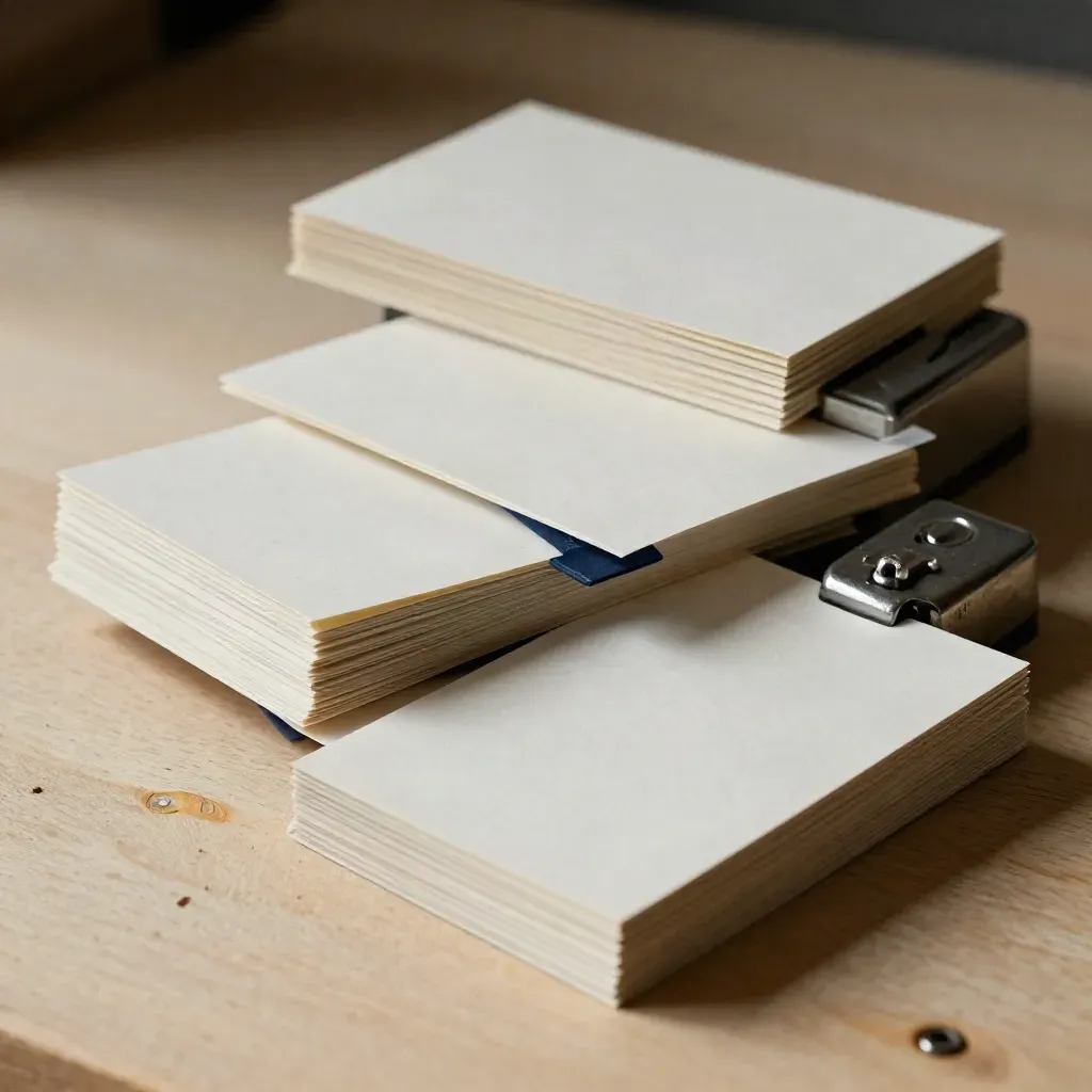 Top-down close-up of clipped candidate card stacks with a steel paperweight on pale wood.