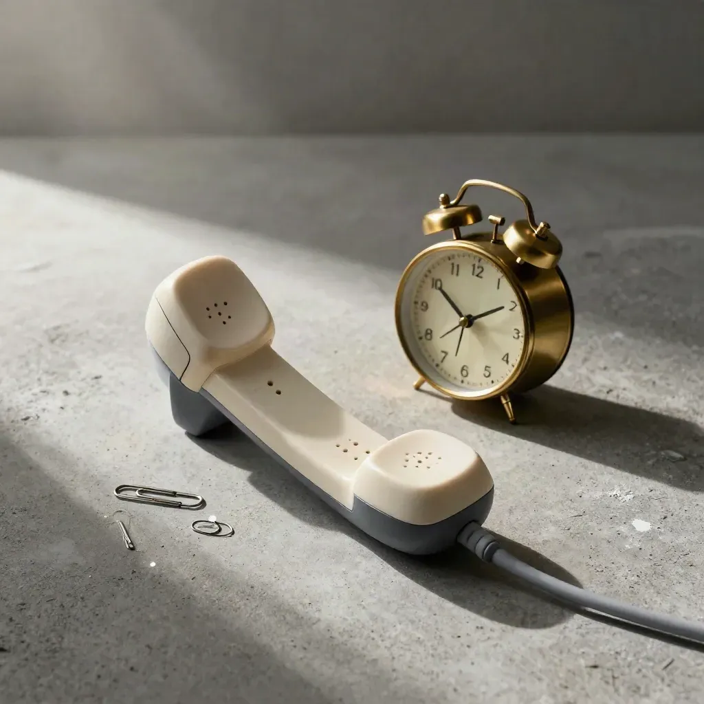 Cordless desk handset, brass clock and paperclip chain on concrete in soft morning light.