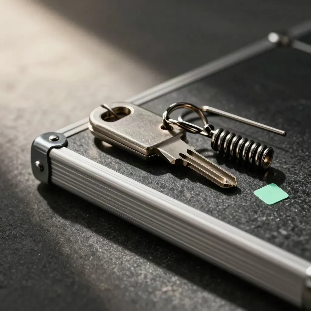 Macro still life of aluminium case, metal key fob and contractor clip on dark stone with mint accent.