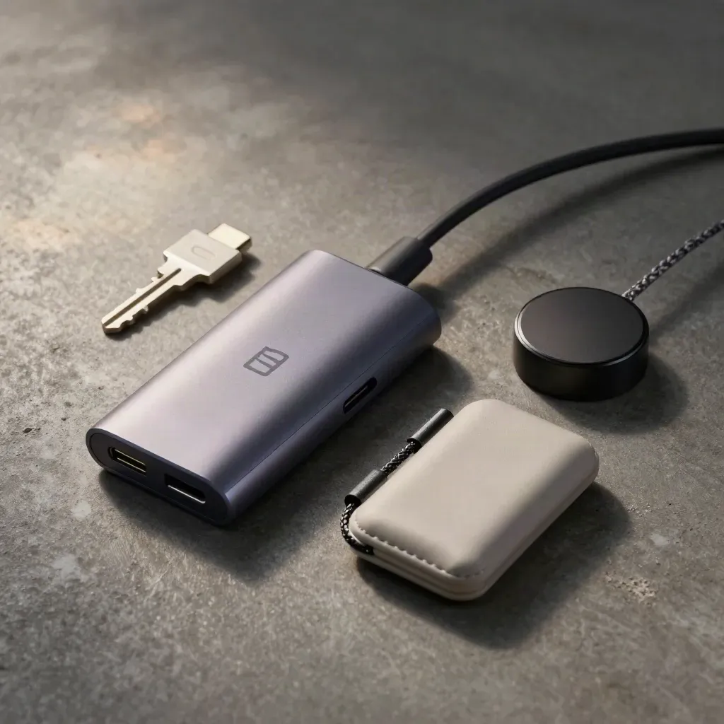 USB-C hub, charging puck and cable ties on brushed concrete under dramatic studio light