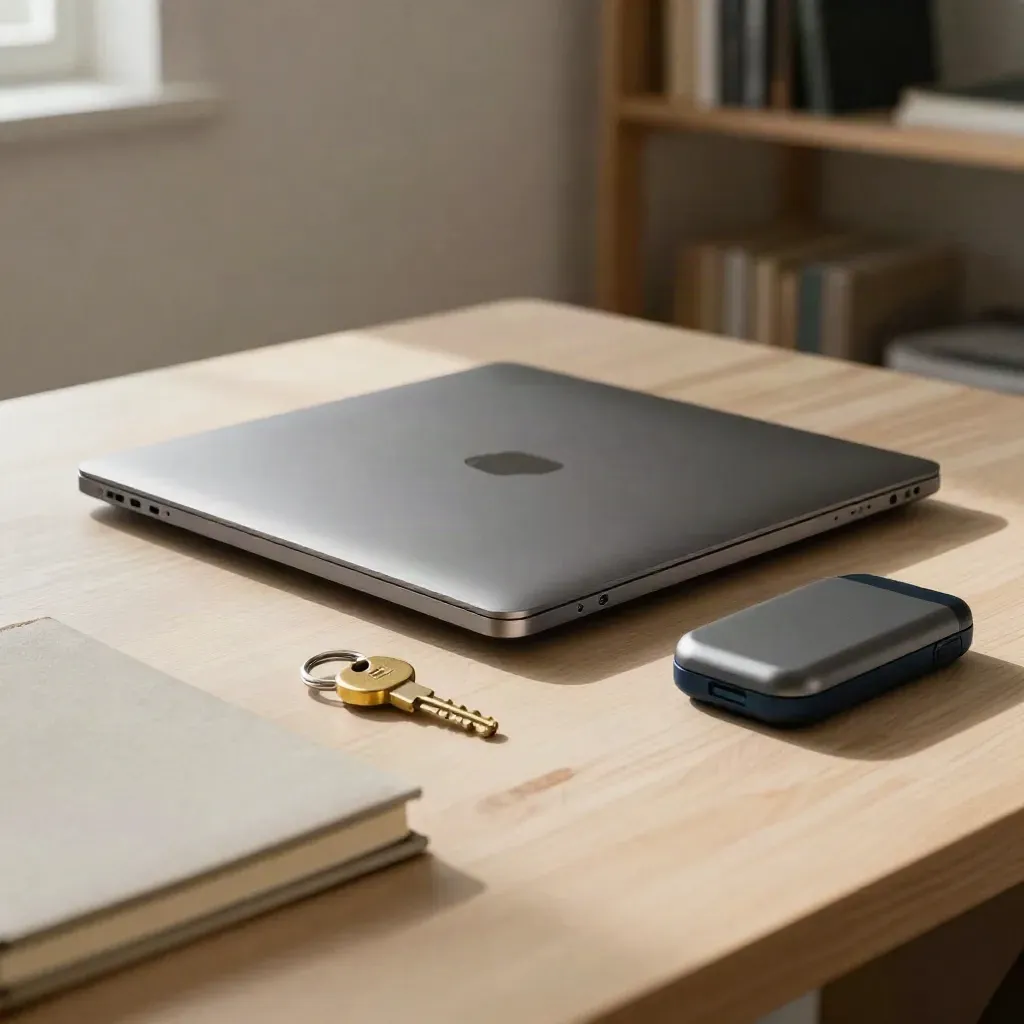 Closed laptop, brass key fob, notebook and prototype enclosure on pale wood in hazy startup light