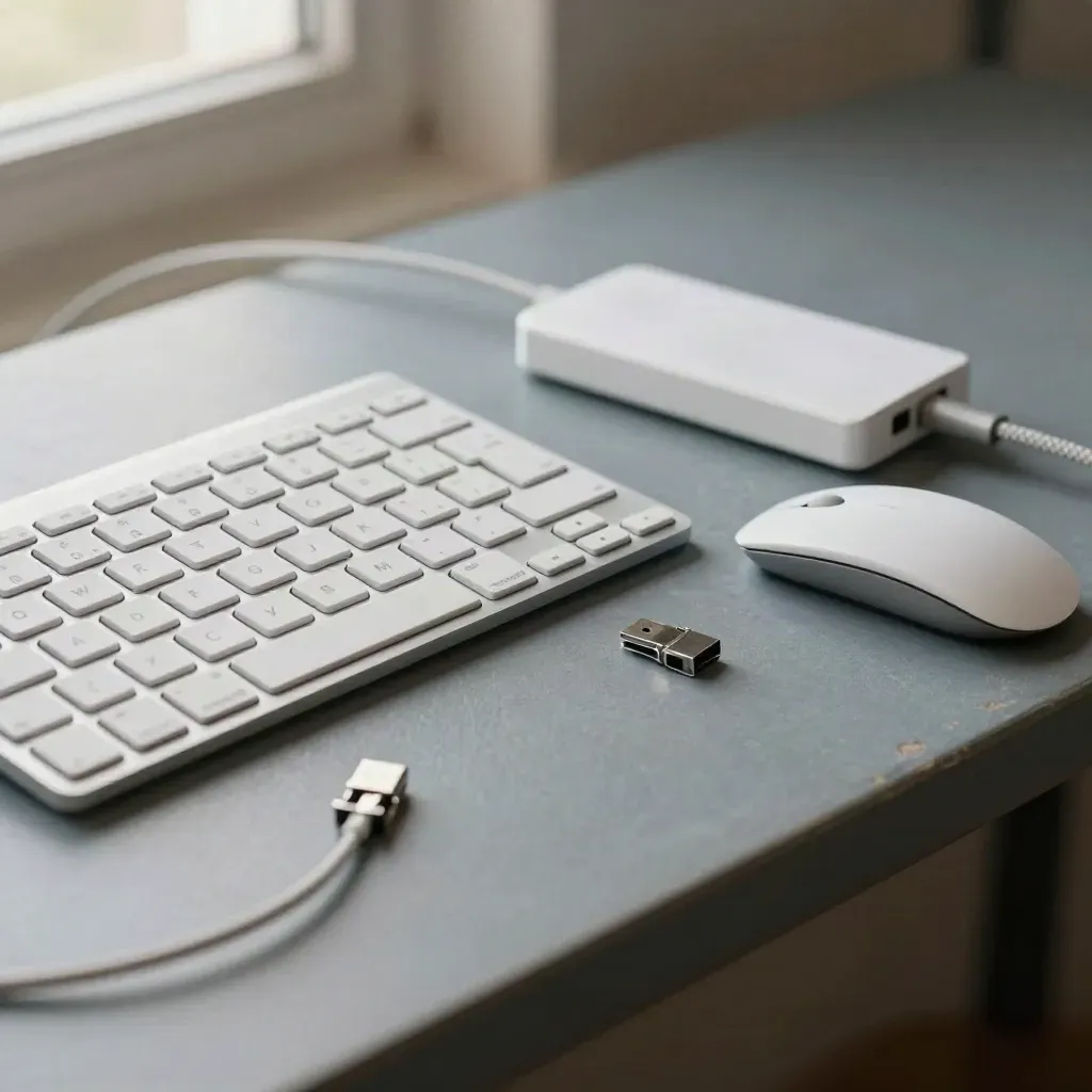 Wireless keyboard, mouse, USB hub and cable clips on a slate bench in soft light.