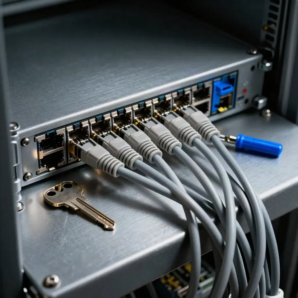 Server rack key, SFP modules, patch cords and torx driver on brushed metal