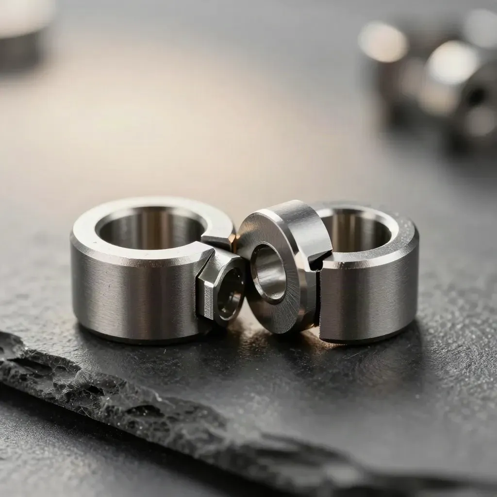 Macro of aluminium couplers and a precision fastener on brushed steel, lit with hard raking light.