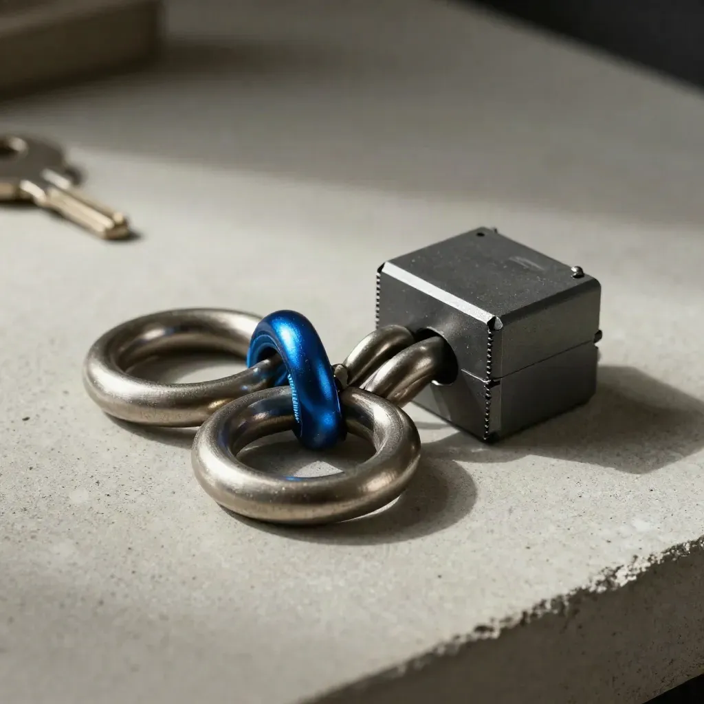 Linked steel rings, cable loops and a connector block on pale concrete with a blue accent.