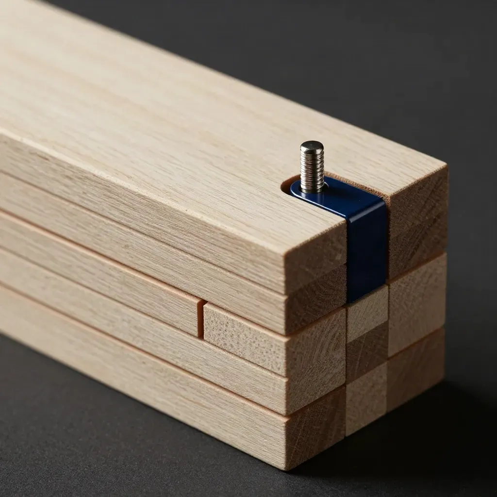 Graphite dovetail blocks and a pin on pale wood in a premium flat lay
