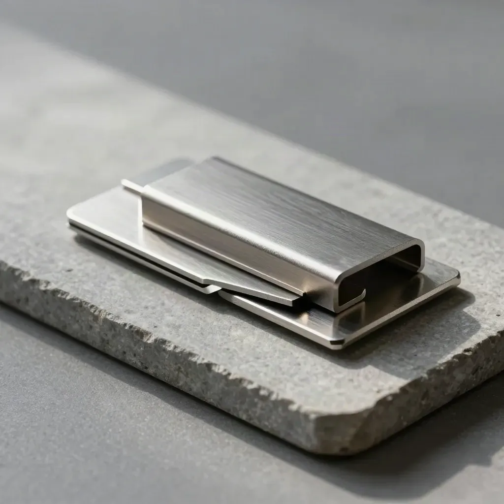 Brushed metal clips and a connector plate on a stone riser in soft daylight.